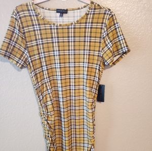 Mustard Plaid ruched mini bodycon XL NWT